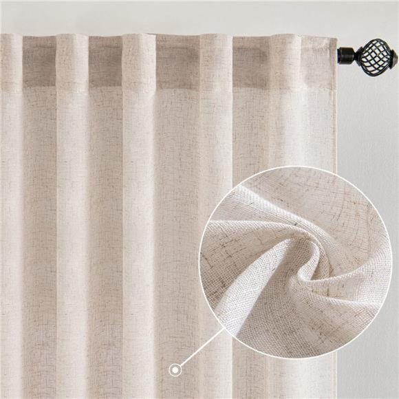 Natural White Linen Curtains 90 Inch Long 2 Panels Set for Bedroom Living Room - Picture 2 of 7